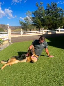 Liesel the German Shepherd dog sitting on grass with Michael Kempkes.