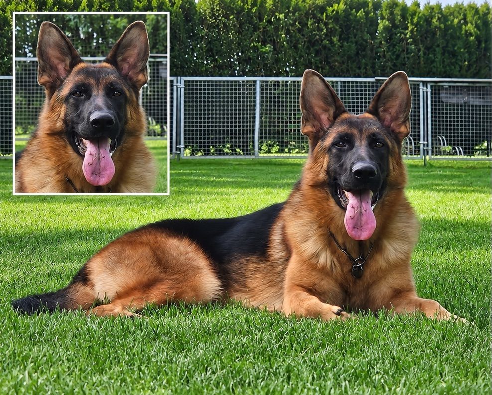 Pakroz vom Springberg lying on the grass by the fence, with a close-up of his head, Kempkes Executive K9